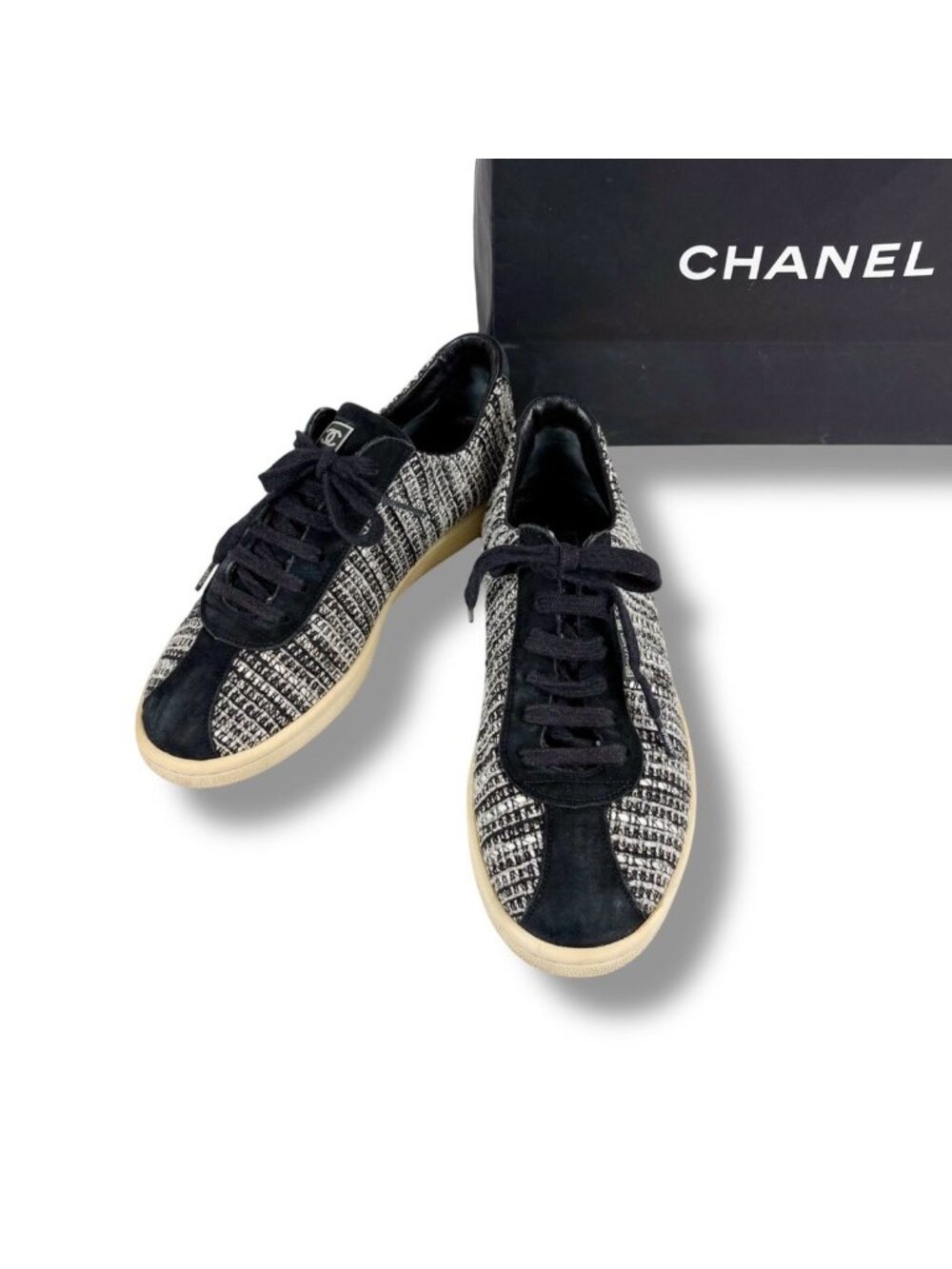 Chanel Tweed Low Cut Sneakers Black CC Logo 39